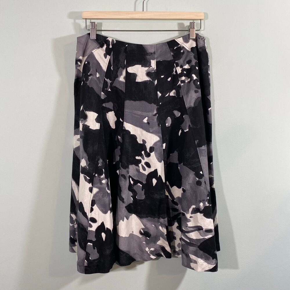 Premise Women Black & White Graphics Linen Blend Midi Godet Skirt Size 10